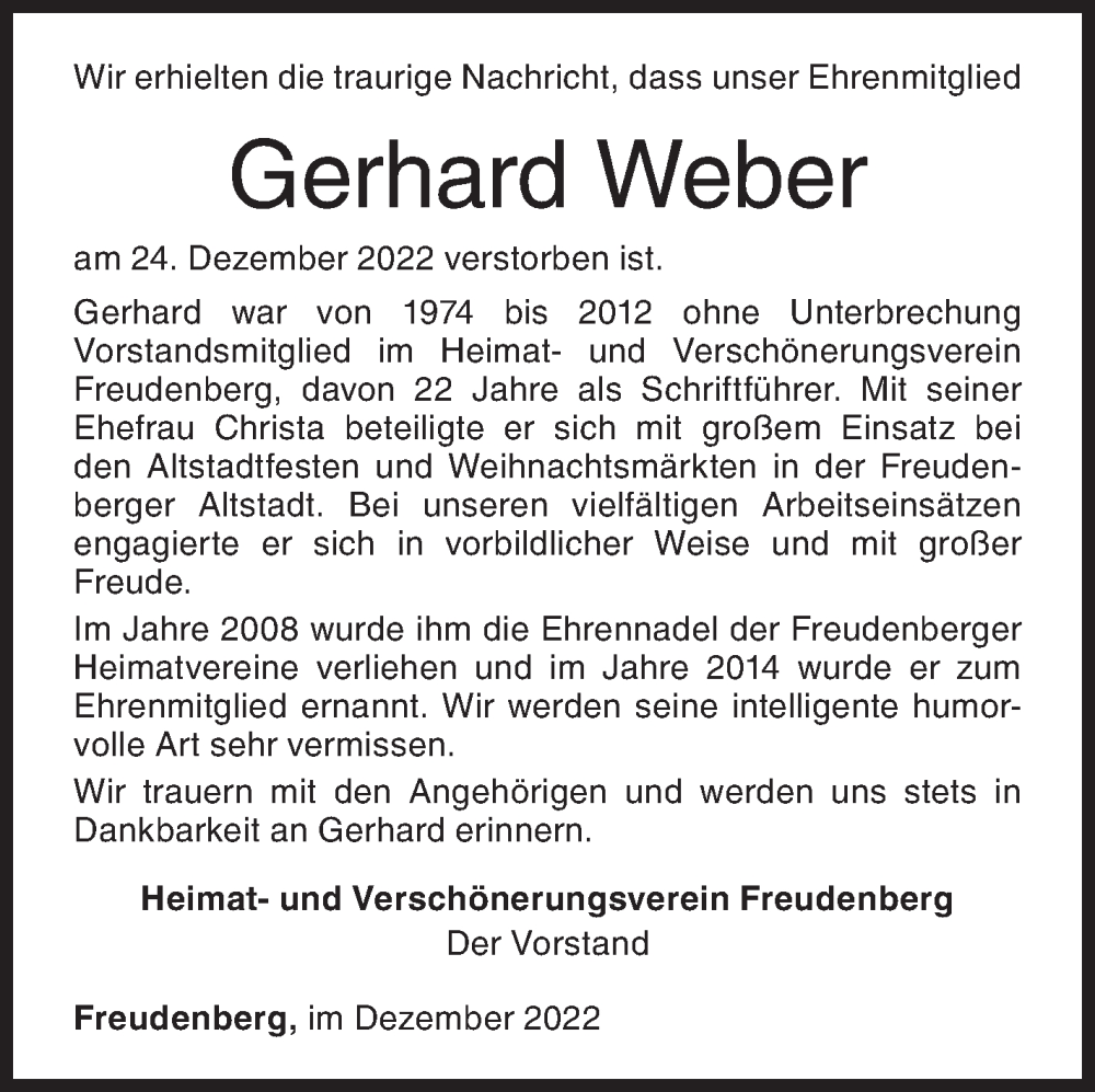  Traueranzeige für Gerhard Weber vom 28.12.2022 aus Siegener Zeitung