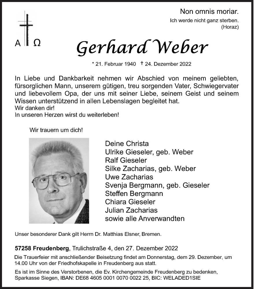  Traueranzeige für Gerhard Weber vom 27.12.2022 aus Siegener Zeitung