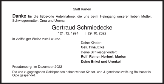 Traueranzeige von Gertraud Schmiedecke von Siegener Zeitung