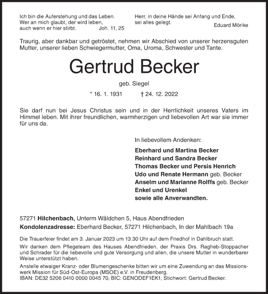 Traueranzeige von Gertrud Becker von Siegener Zeitung
