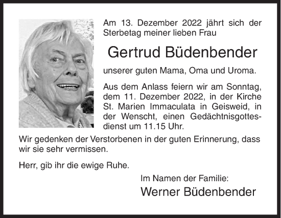 Traueranzeige von Gertrud Büdenbender von Siegener Zeitung