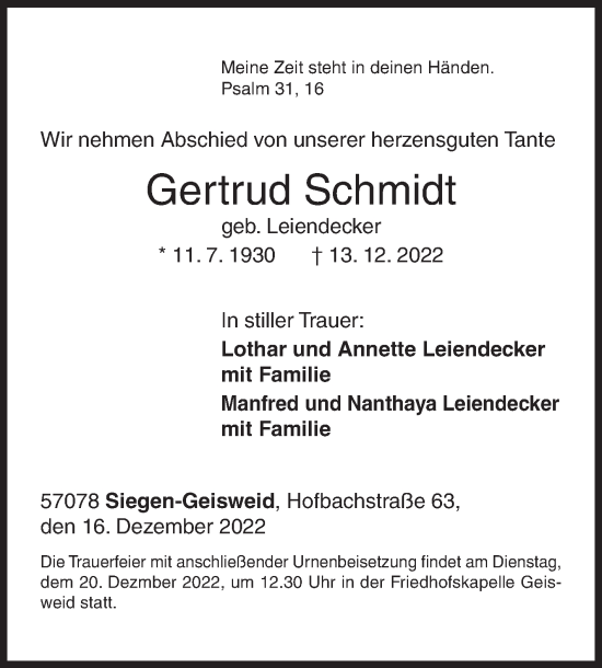 Traueranzeige von Gertrud Schmidt von Siegener Zeitung