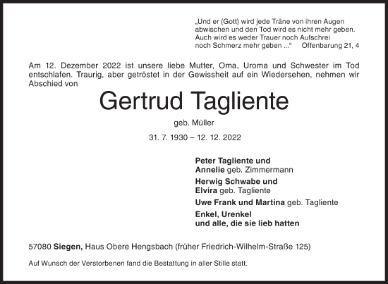 Traueranzeige von Gertrud Tagliente von Siegener Zeitung