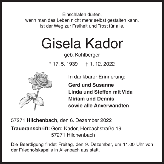 Traueranzeige von Gisela Kador von Siegener Zeitung