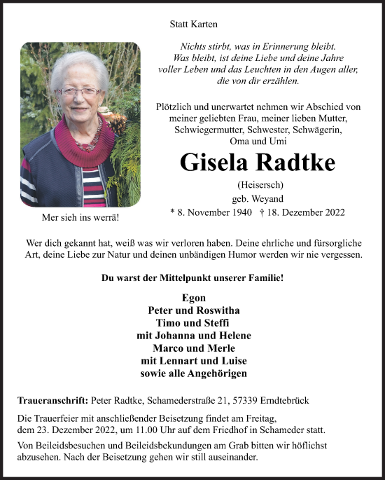 Traueranzeige von Gisela Radtke von Siegener Zeitung