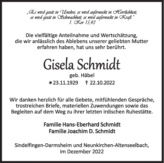 Traueranzeige von Gisela Schmidt von Siegener Zeitung