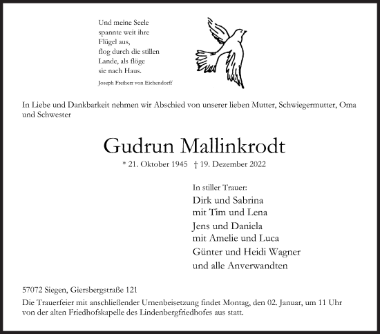 Traueranzeige von Gudrun Mallinkrodt von Siegener Zeitung