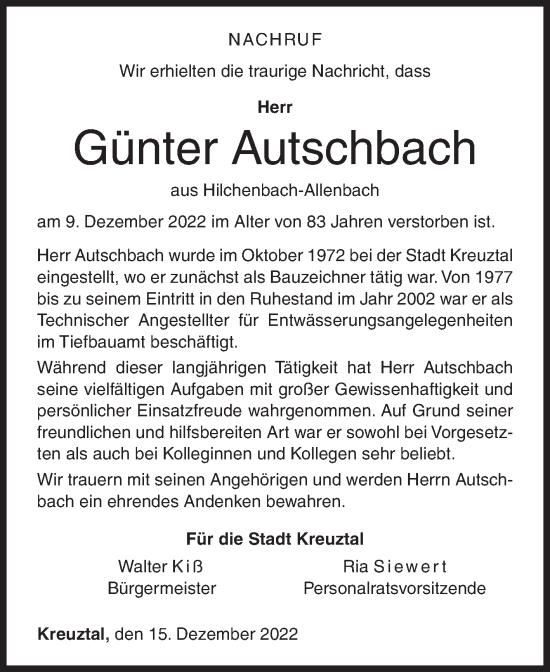 Traueranzeige von Günter Autschbach von Siegener Zeitung