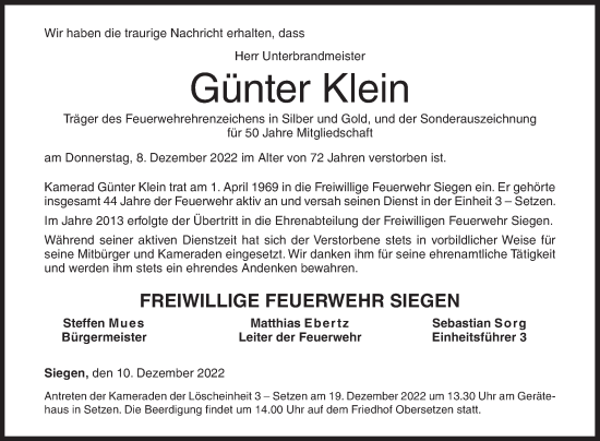 Traueranzeige von Günter Klein von Siegener Zeitung