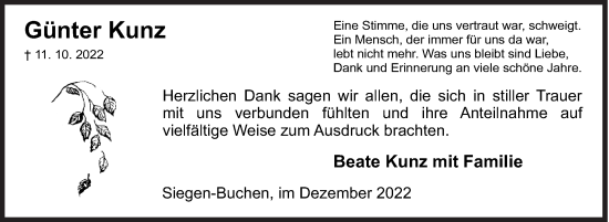 Traueranzeige von Günter Kunz von Siegener Zeitung