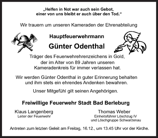 Traueranzeige von Günter Odenthal von Siegener Zeitung