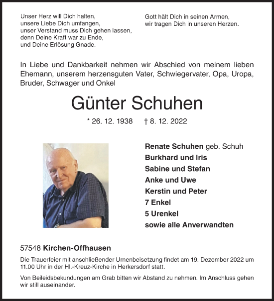 Traueranzeige von Günter Schuhen von Siegener Zeitung