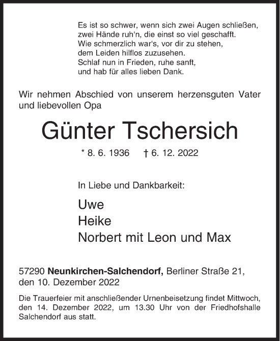 Traueranzeige von Günter Tschersich von Siegener Zeitung