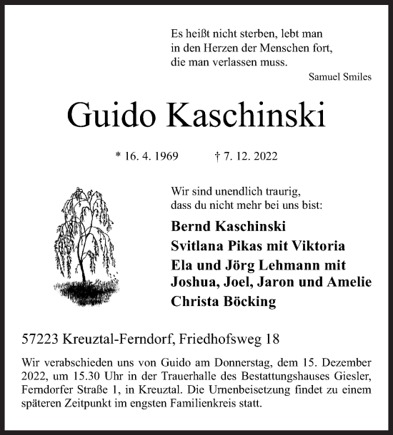 Traueranzeige von Guido Kaschinski von Siegener Zeitung