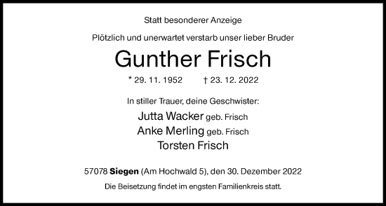 Traueranzeige von Gunther Frisch von Siegener Zeitung