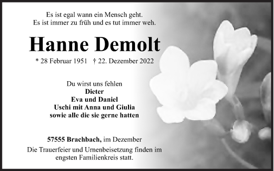Traueranzeige von Hanne Demolt von Siegener Zeitung