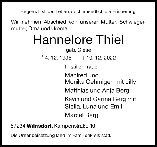 Traueranzeige von Hannelore Thiel von Siegener Zeitung