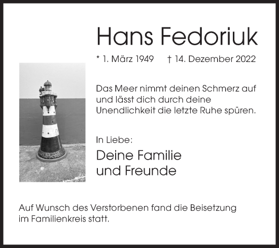 Traueranzeige von Hans Fedoriuk von Siegener Zeitung