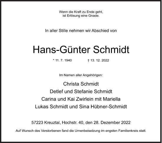 Traueranzeige von Hans-Günter Schmidt von Siegener Zeitung