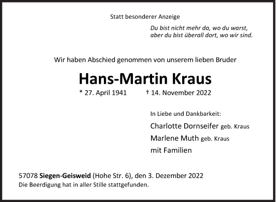 Traueranzeige von Hans-Martin Kraus von Siegener Zeitung