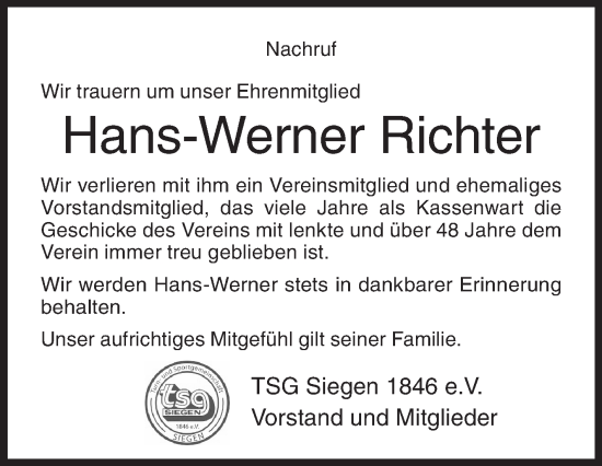 Traueranzeige von Hans-Werner Richter von Siegener Zeitung