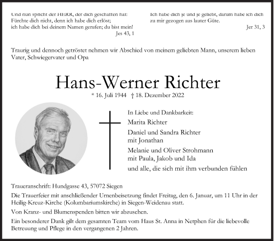 Traueranzeige von Hans-Werner Richter von Siegener Zeitung