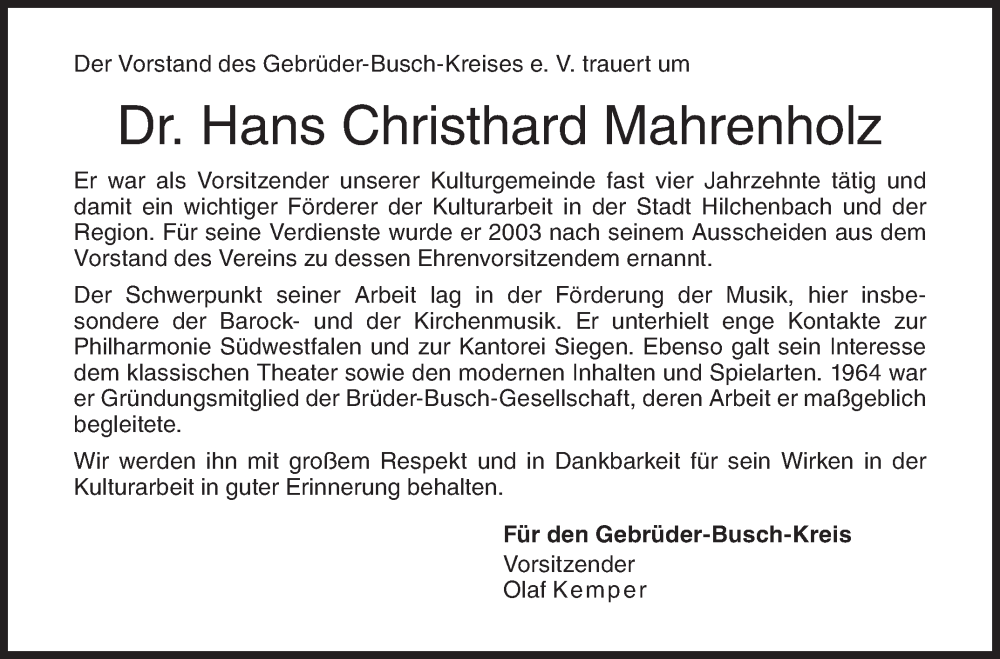  Traueranzeige für Hans Christhard Mahrenholz vom 21.12.2022 aus Siegener Zeitung