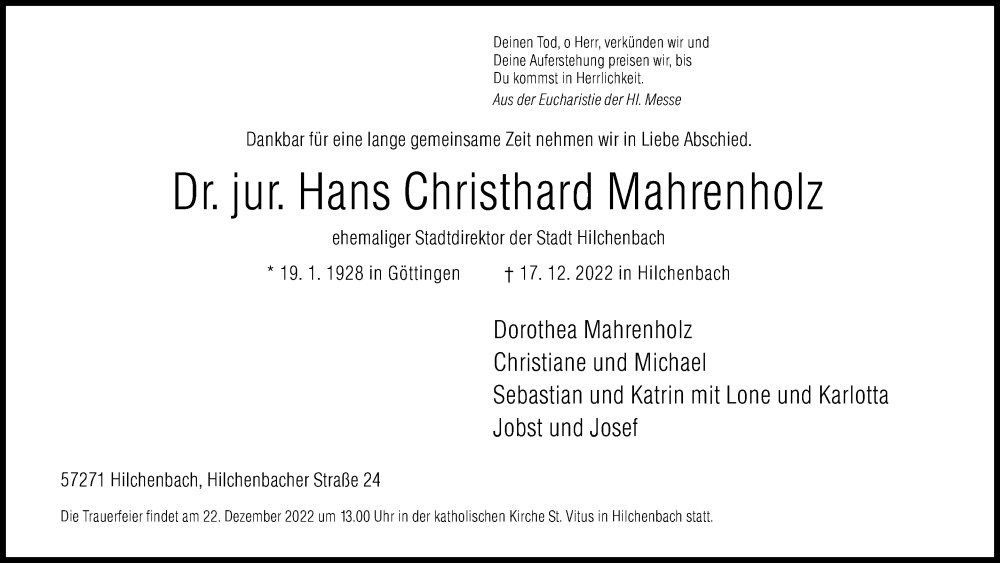  Traueranzeige für Hans Christhard Mahrenholz vom 20.12.2022 aus Siegener Zeitung