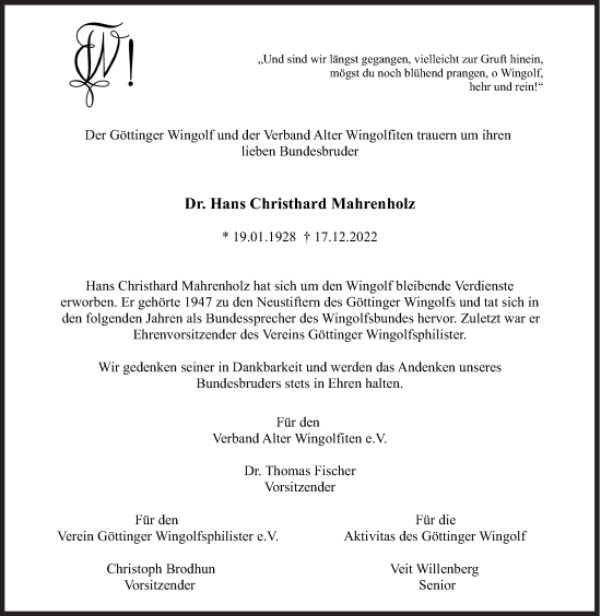 Traueranzeige von Hans Christhard Mahrenholz von Siegener Zeitung