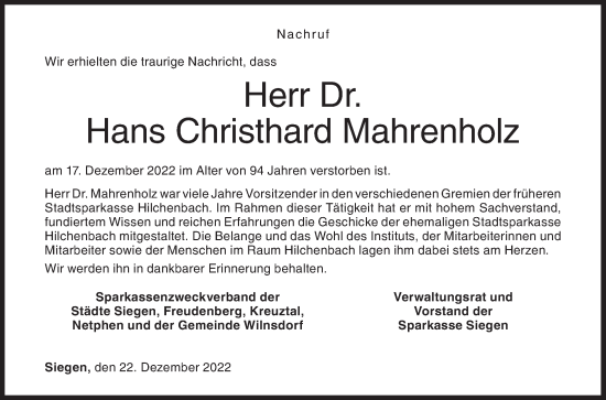 Traueranzeige von Hans Christhard Mahrenholz von Siegener Zeitung