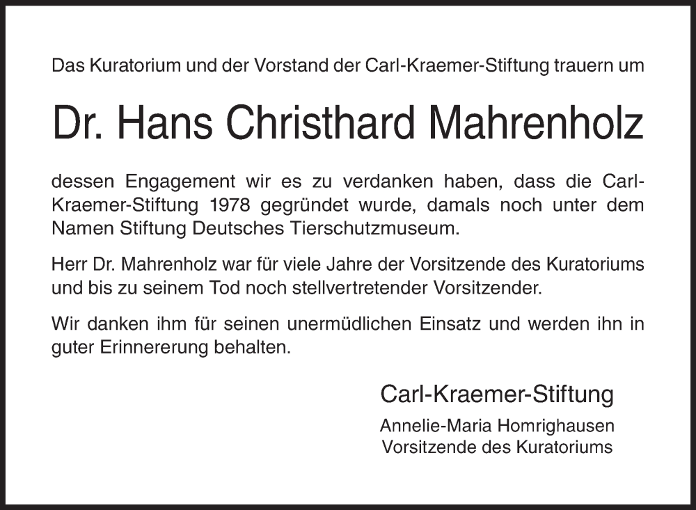  Traueranzeige für Hans Christhard Mahrenholz vom 22.12.2022 aus Siegener Zeitung