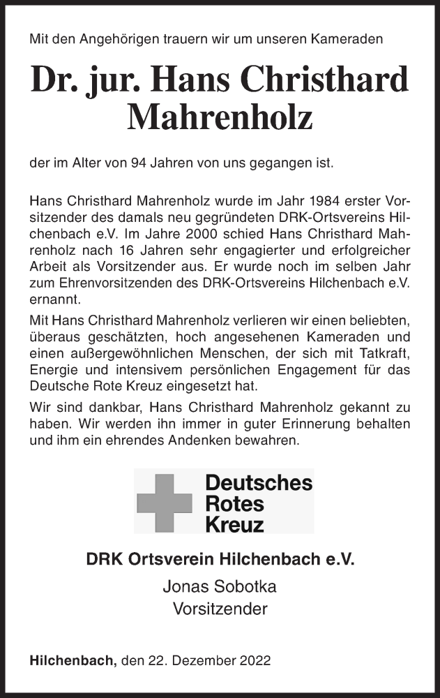  Traueranzeige für Hans Christhard Mahrenholz vom 22.12.2022 aus Siegener Zeitung