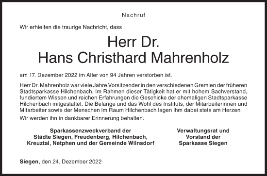 Traueranzeige von Hans Christhard Mahrenholz von Siegener Zeitung