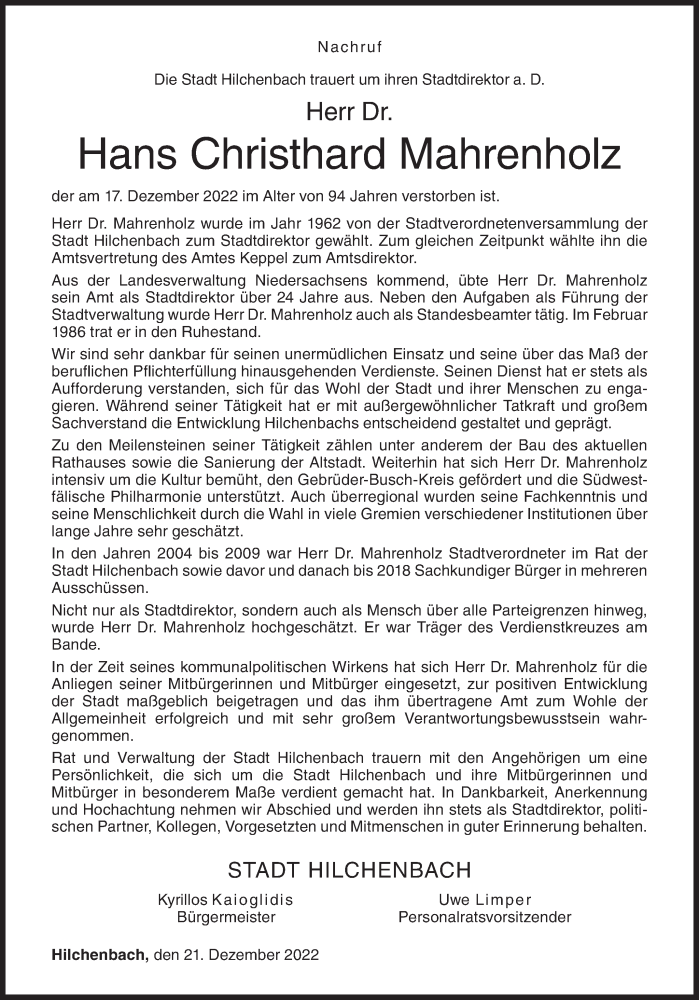  Traueranzeige für Hans Christhard Mahrenholz vom 21.12.2022 aus Siegener Zeitung