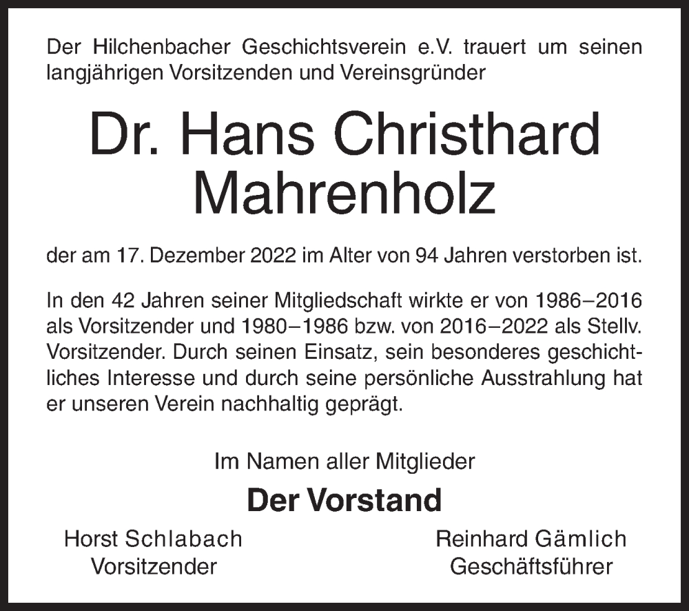  Traueranzeige für Hans Christhard Mahrenholz vom 21.12.2022 aus Siegener Zeitung