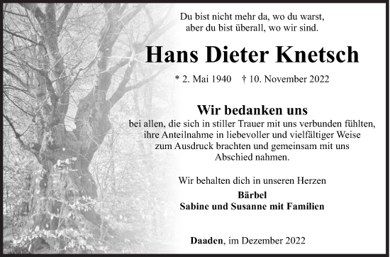 Traueranzeige von Hans Dieter Knetsch von Siegener Zeitung