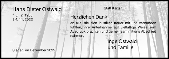 Traueranzeige von Hans Dieter Ostwald von Siegener Zeitung