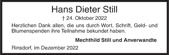 Traueranzeige von Hans Dieter Still von Siegener Zeitung