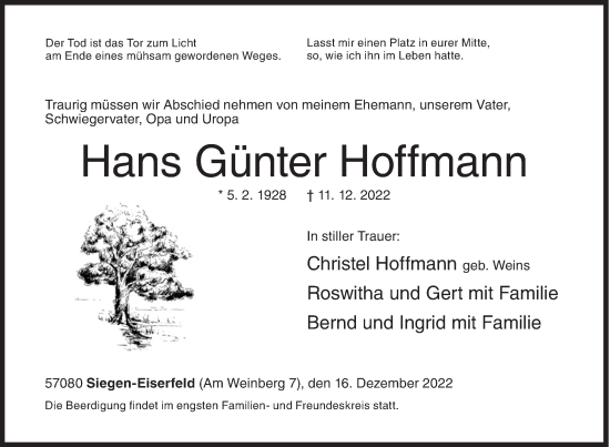 Traueranzeige von Hans Günter Hoffmann von Siegener Zeitung