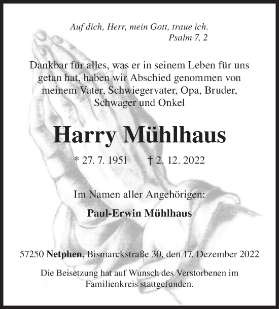 Traueranzeige von Harry Mühlhaus von Siegener Zeitung