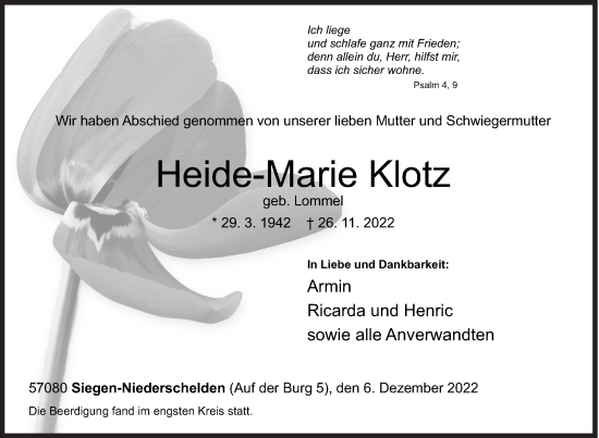 Traueranzeige von Heide-Marie Klotz von Siegener Zeitung