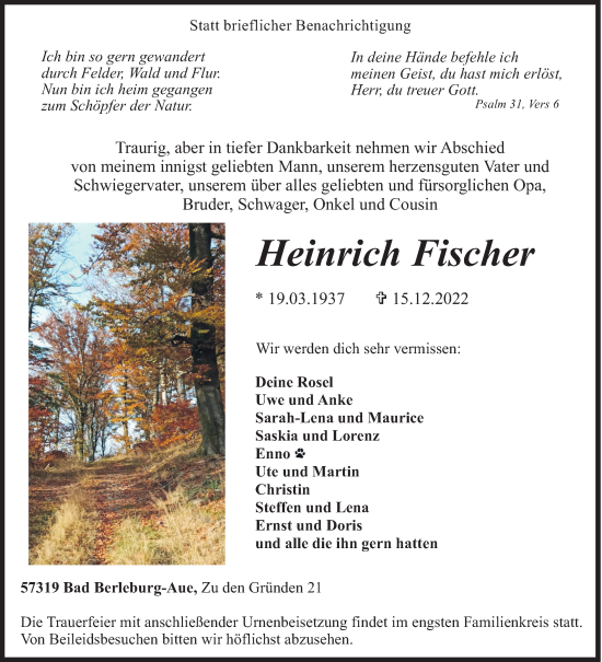Traueranzeige von Heinrich Fischer von Siegener Zeitung