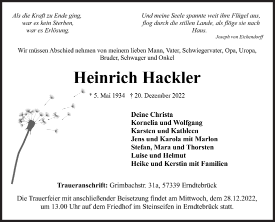 Traueranzeige von Heinrich Hackler von Siegener Zeitung