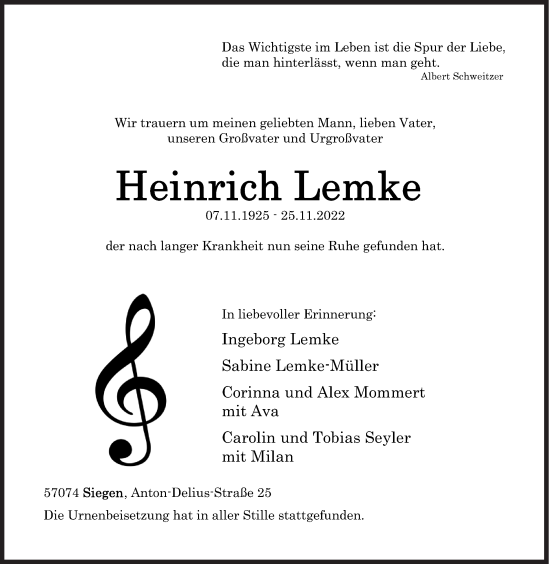 Traueranzeige von Heinrich Lemke von Siegener Zeitung