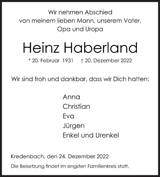 Traueranzeige von Heinz Haberland von Siegener Zeitung