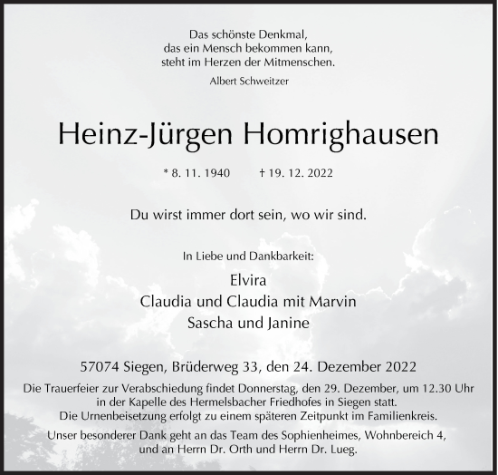 Traueranzeige von Heinz-Jürgen Homrighausen von Siegener Zeitung