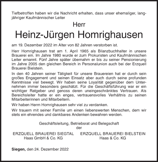 Traueranzeige von Heinz-Jürgen Homrighausen von Siegener Zeitung