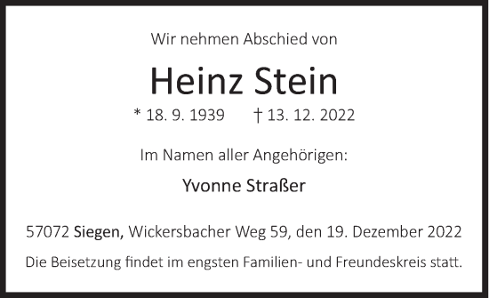 Traueranzeige von Heinz Stein von Siegener Zeitung