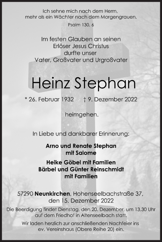 Traueranzeige von Heinz Stephan von Siegener Zeitung