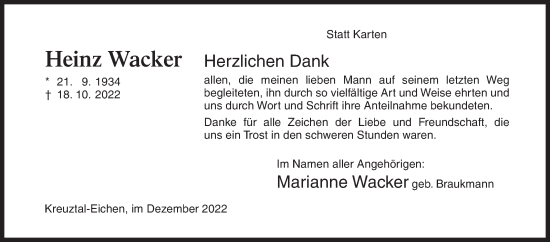 Traueranzeige von Heinz Wacker von Siegener Zeitung